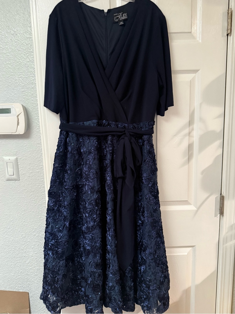 Alex Evenings Navy Wrap Bodice Floral-Texture Midi Dress - Picture 2 of 5